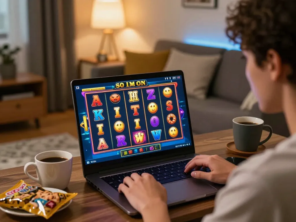 Player enjoying an immersive slot gacor experience on a laptop, showcasing the thrill of online gambling