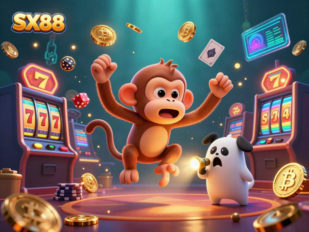 Experience the exciting SX88 casino with a mischievous poltergeist monkey and a ghost-hunter puppy in action.