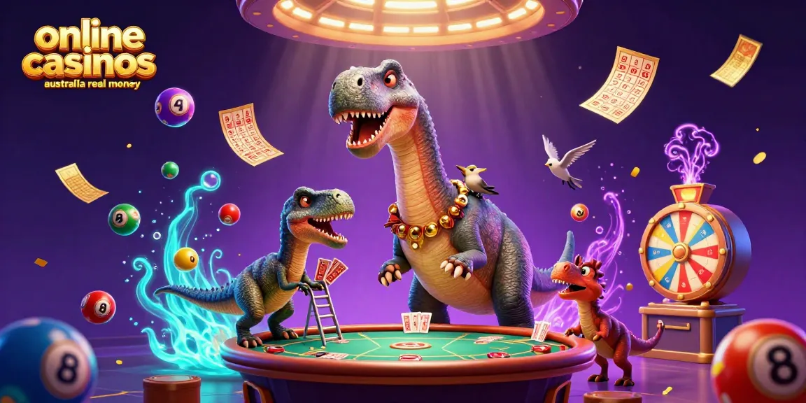 Experience thrilling gameplay at online casinos Australia real money with a vibrant 3D scene of cartoon dinosaurs!