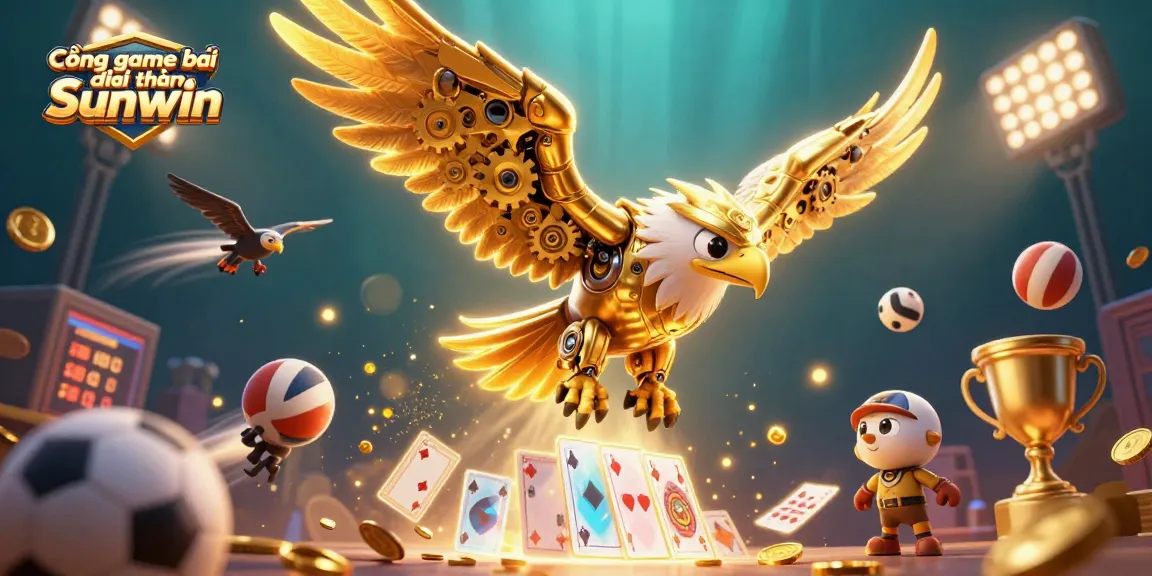 Cổng game bài đổi thưởng Sunwin offers an engaging 3D illustration with a golden eagle amidst thrilling casino action.