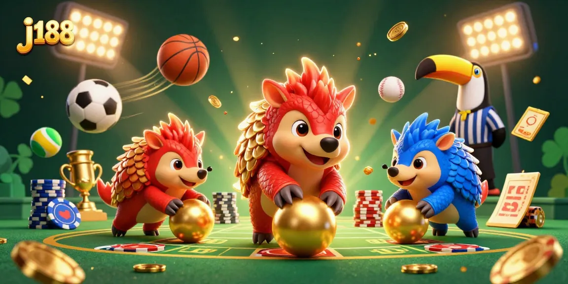 Experience thrilling games at j188 with playful pangolins amidst colorful casino elements.