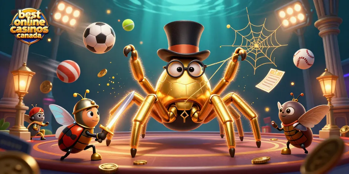 Explore the best online casinos Canada featuring a golden tarantula weaving golden threads among lively gaming elements.
